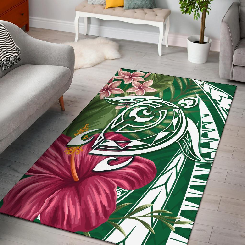 Hawaii Polynesian Turtle Tropical Hibiscus Plumeria Rug - Green Green - Polynesian Pride