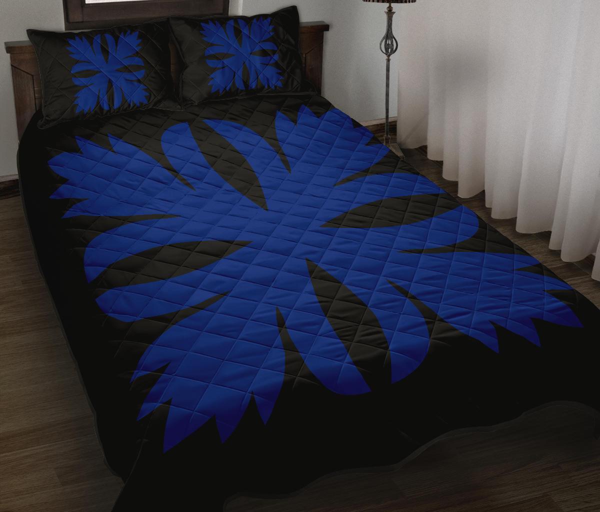 Hawaiian Royal Pattern Quilt Bed Set - Black And Blue - C3 Style Blue - Polynesian Pride