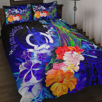 Vanuatu Quilt Bed Set - Humpback Whale with Tropical Flowers (Blue) Blue - Polynesian Pride