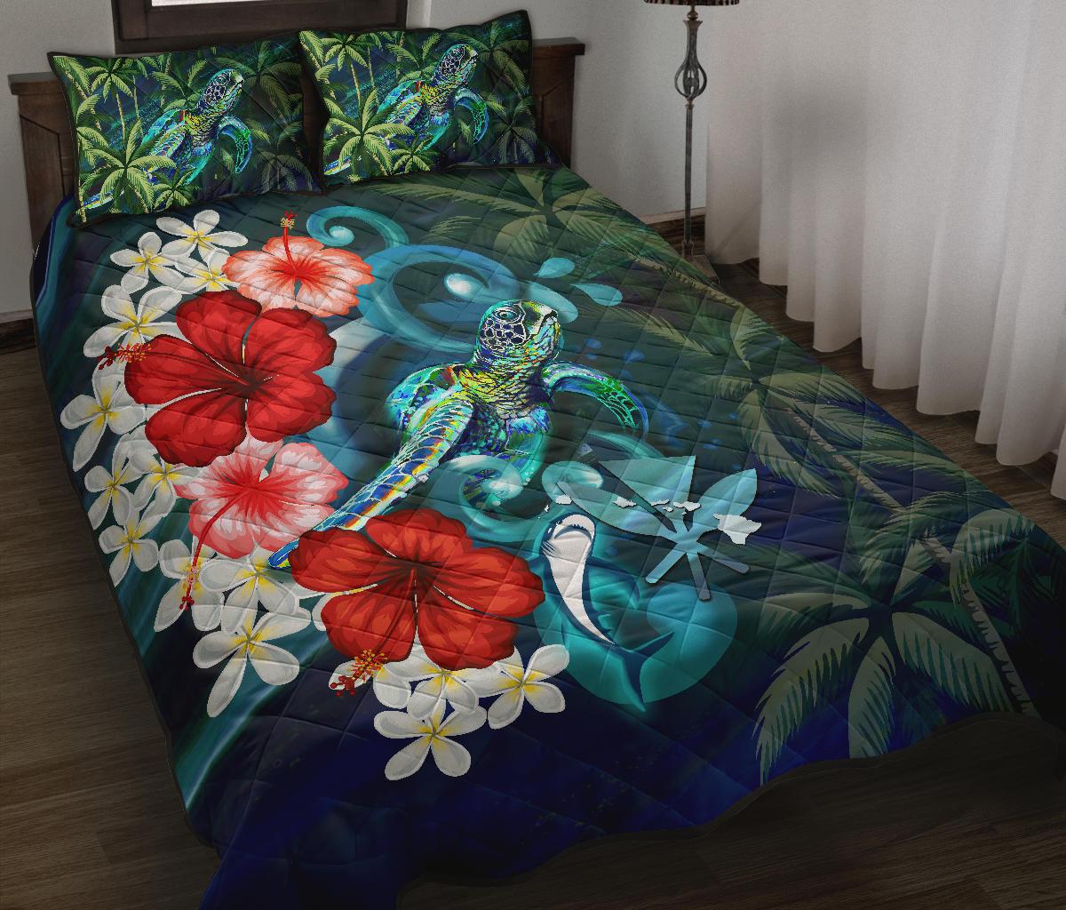 Kanaka Maoli (Hawaiian) Quilt Bed Set - Ocean Turtle Coconut Tree And Hibiscus - Polynesian Pride
