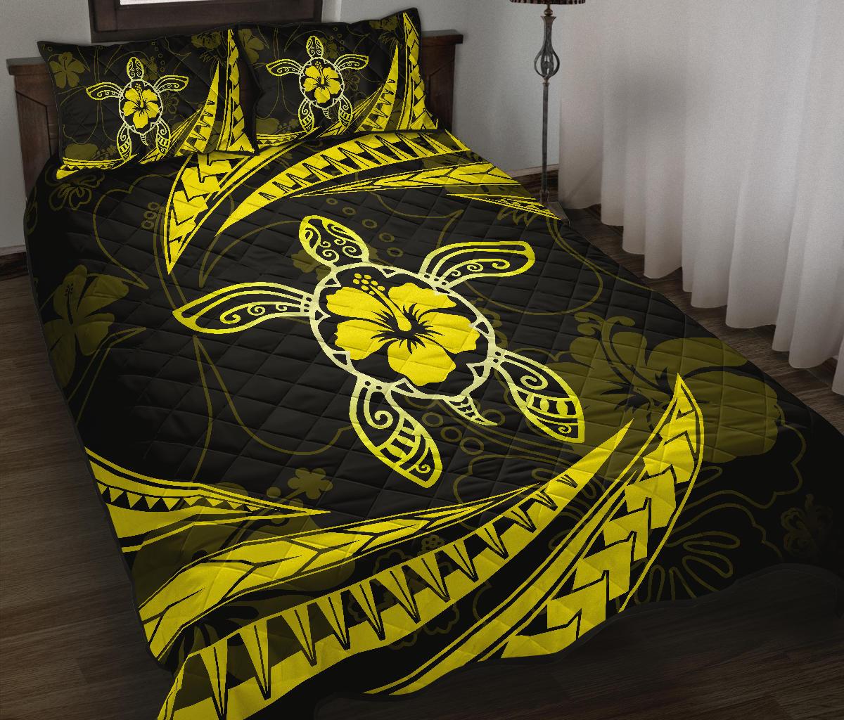 Hawaii Quilt Bed Set - Hibiscus Turtle Tribal Waves Yellow - Polynesian Pride