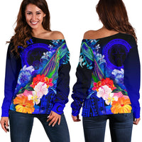 CNMI Custom Personalised Women's Off Shoulder Sweater - Humpback Whale with Tropical Flowers (Blue) - Polynesian Pride