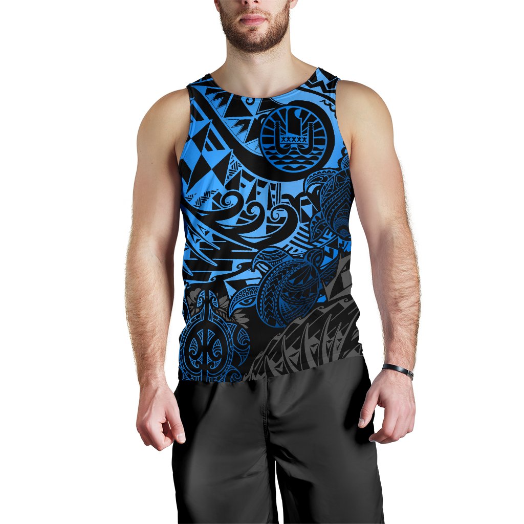 Tahiti Polynesian Men Tank Top - Blue Turtle Hibiscus Flowing - Polynesian Pride