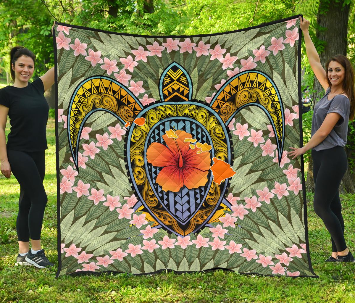 Hawaii Turtle Map Plumeria Hawaiian Tropical Premium Quilt - Candy Style - AH Green - Polynesian Pride