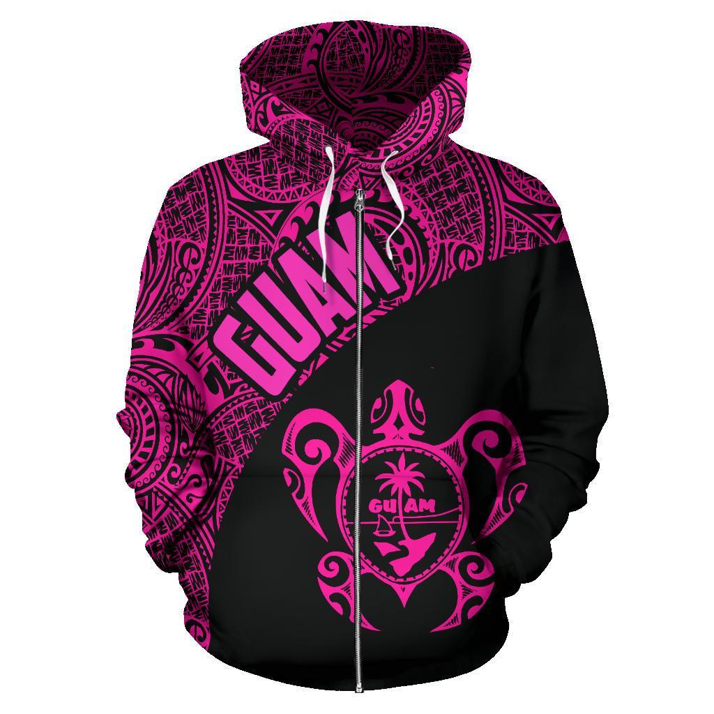 Guam Zip up Hoodie Guam Coat of Arm In Turtle Polynesian Tattoo Pink - Polynesian Pride