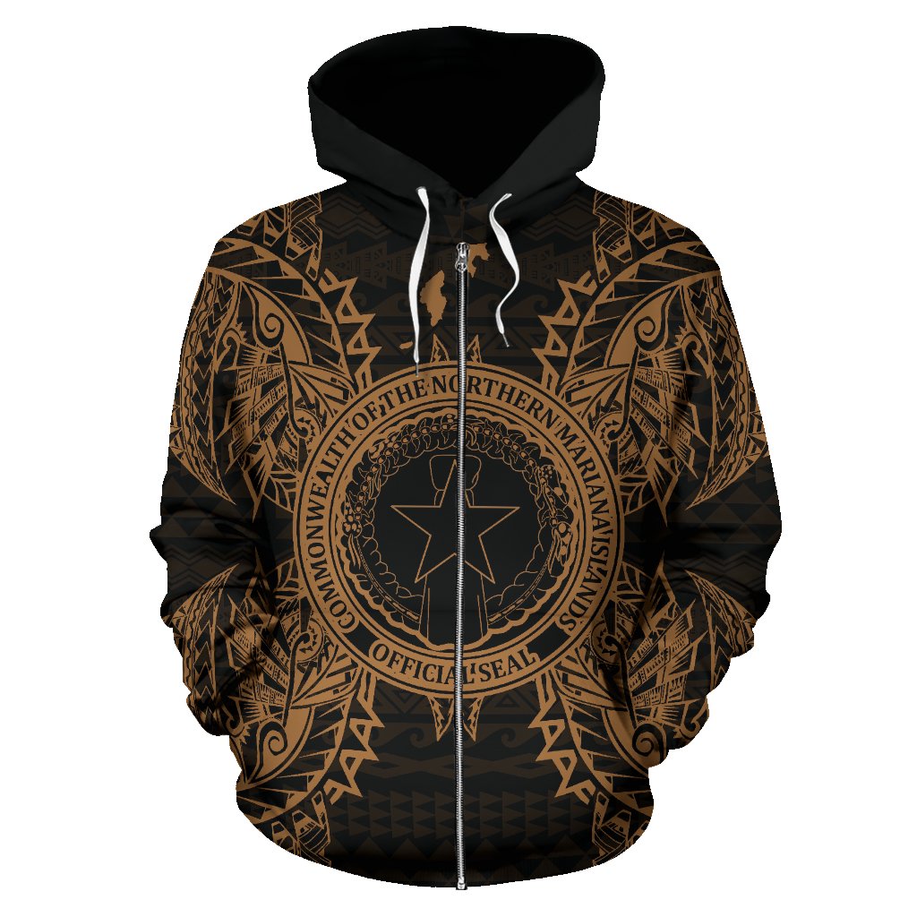 Northern Mariana Islands Polynesian All Over Zip up Hoodie Map Gold - Polynesian Pride