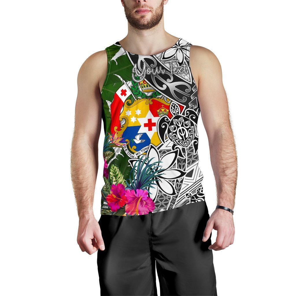 Tonga Custom Personalised Men's Tank Top White - Turtle Plumeria Banana Leaf - Polynesian Pride
