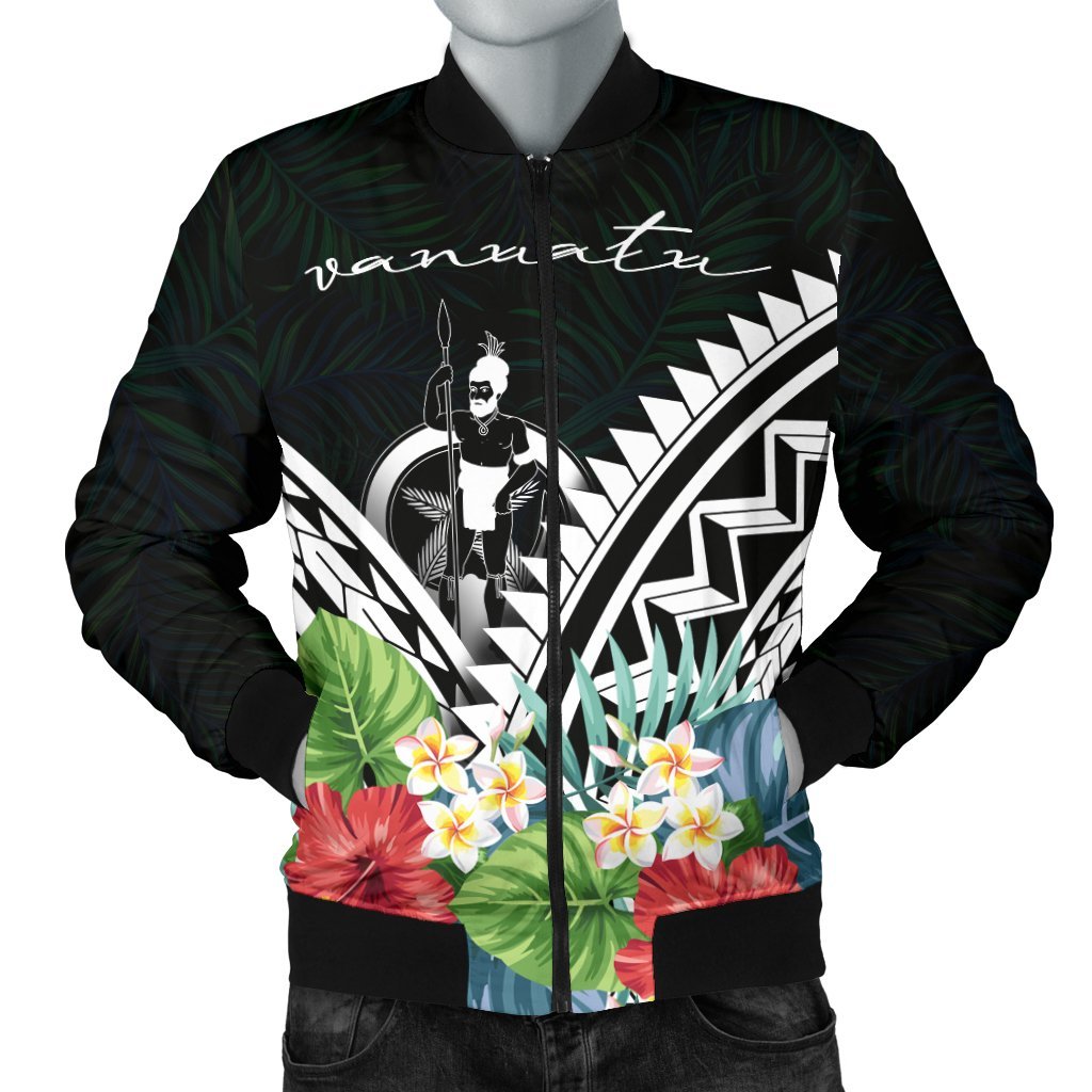 Vanuatu Men's Bomber Jacket - Vanuatu Caledonia Coat of Arms & Polynesian Tropical Flowers White White - Polynesian Pride