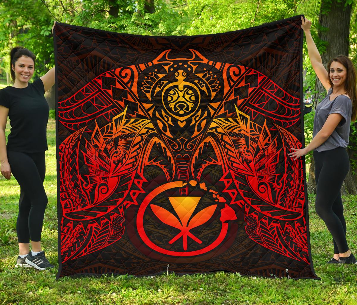 Hawaii Polynesian Premium Quilt - Red Kanaka Maoli Turtle Manta Ray - Polynesian Pride