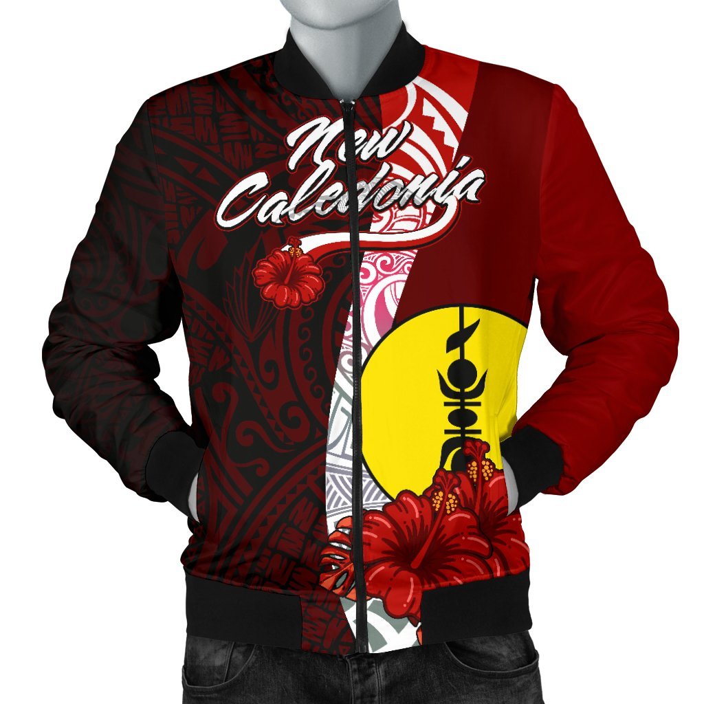 New Caledonia Polynesian Men's Bomber Jacket - Coat Of Arm With Hibiscus Red - Polynesian Pride