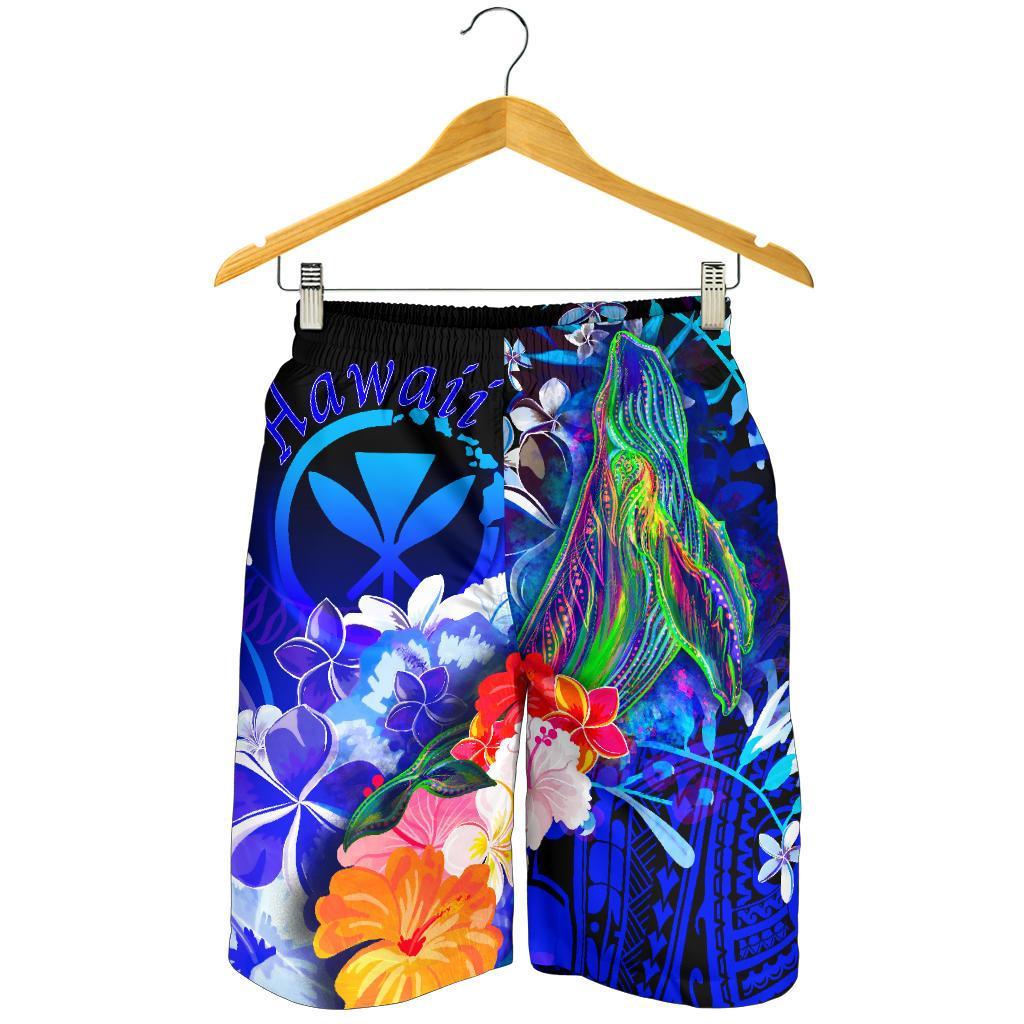 Polynesian Hawaii Men's Shorts - Kanaka Maoli Humpback Whale with Tropical Flowers (Blue) - Polynesian Pride