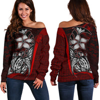 Chuuk Micronesian Women Off Shoulder Sweater Red - Turtle With Hook Red - Polynesian Pride