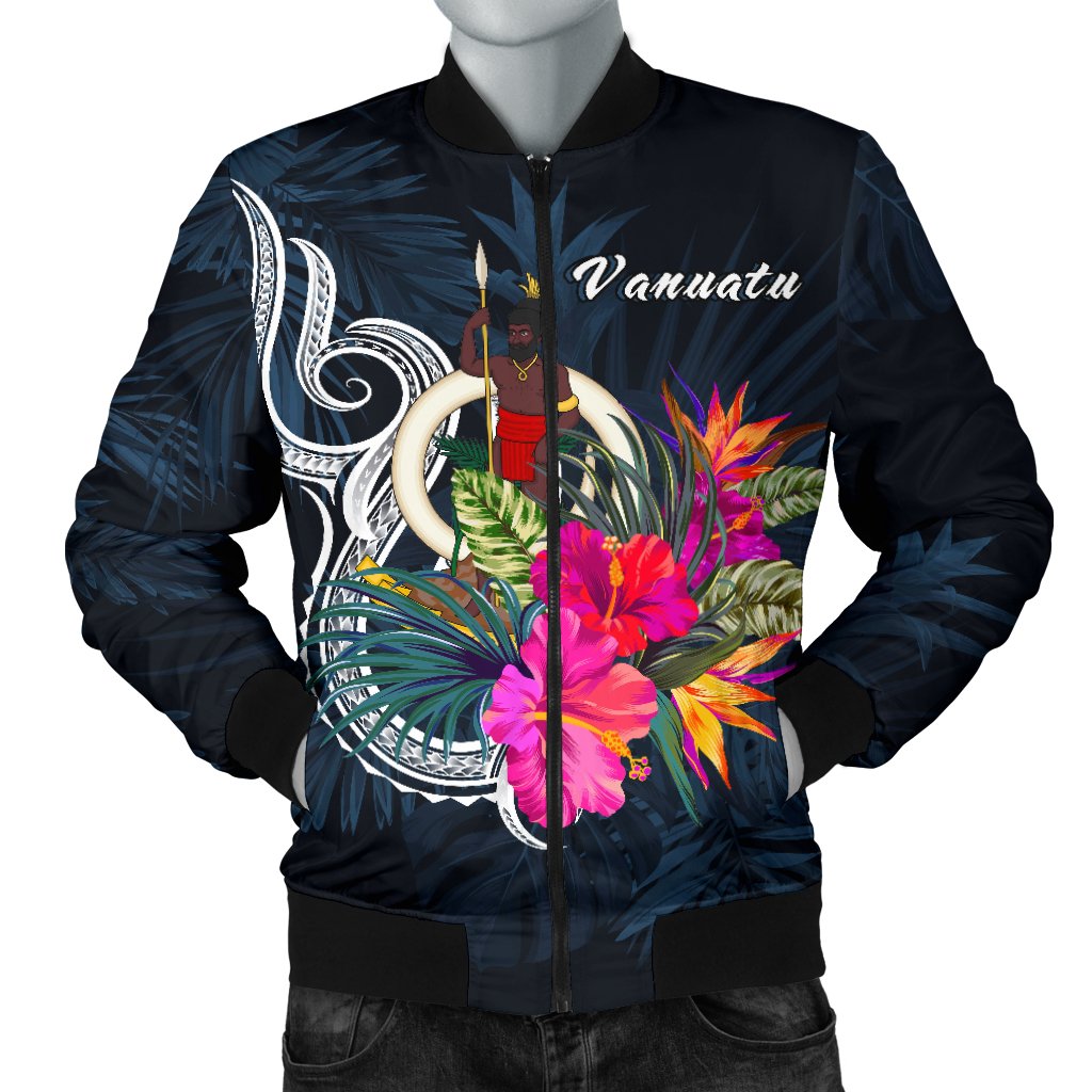 Vanuatu Polynesian Men's Bomber Jacket - Tropical Flower Blue - Polynesian Pride