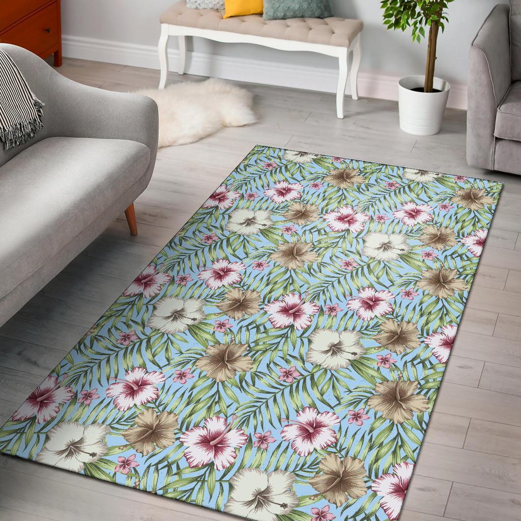 Tropical Hibiscus Palm Leaves Rug Black - Polynesian Pride