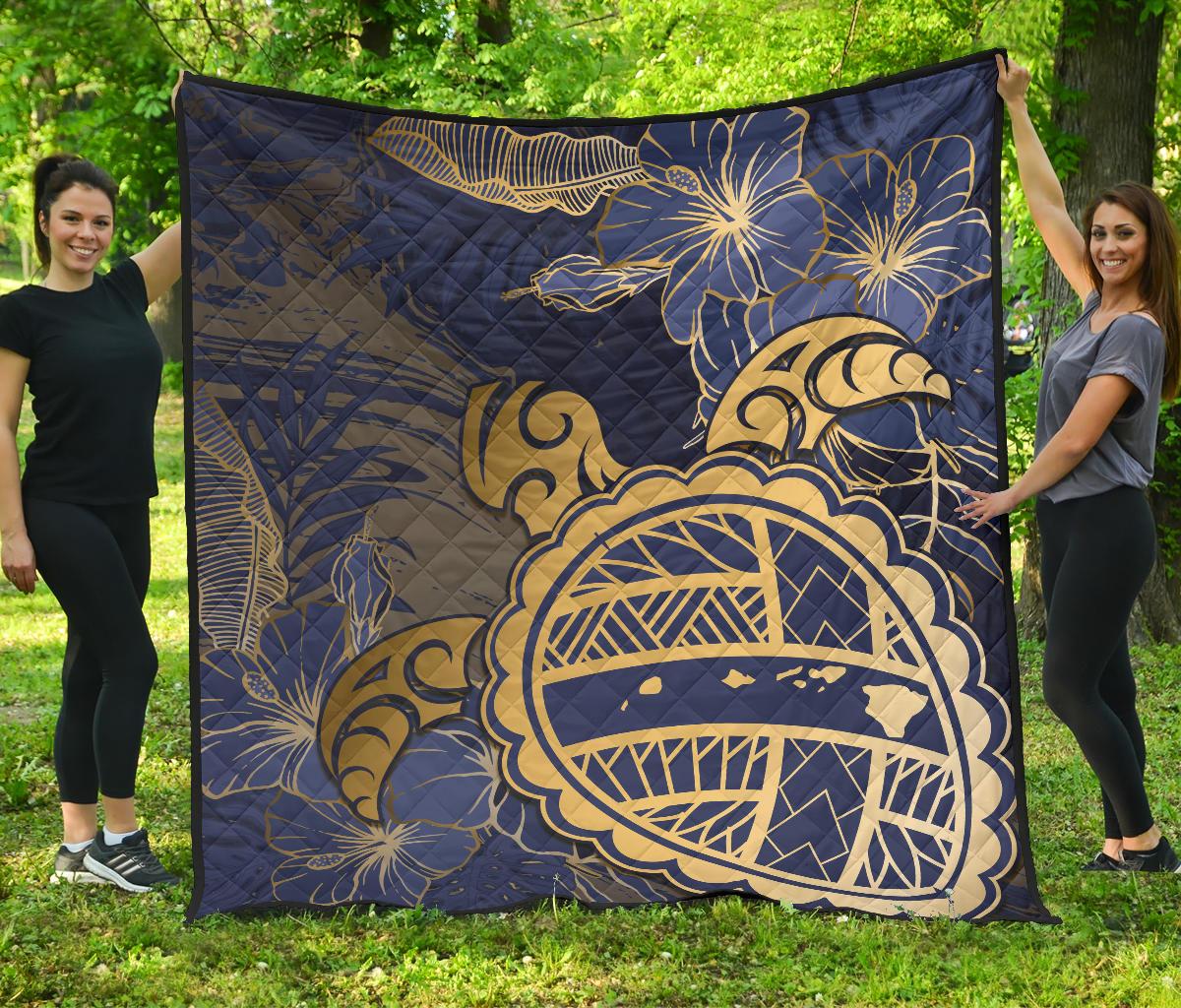 Hawaii Turtle Hibiscus Gold Premium Quilt - Kyn Style Gold - Polynesian Pride