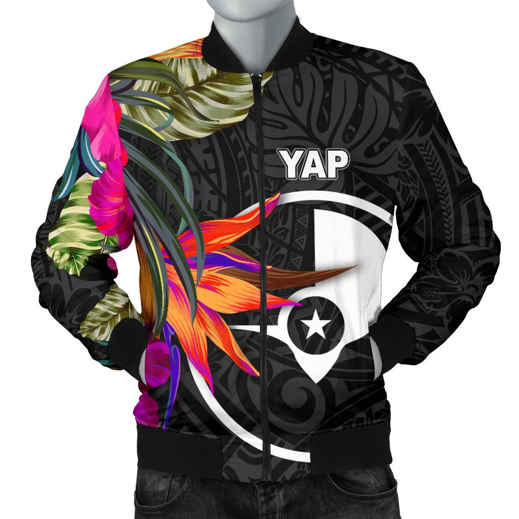 Yap Men's Bomber Jacket - Polynesian Hibiscus Pattern Black - Polynesian Pride