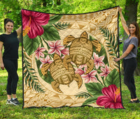Hawaii Premium Quilt - Turtle Strong Pattern Hibiscus Plumeria AH Gold - Polynesian Pride