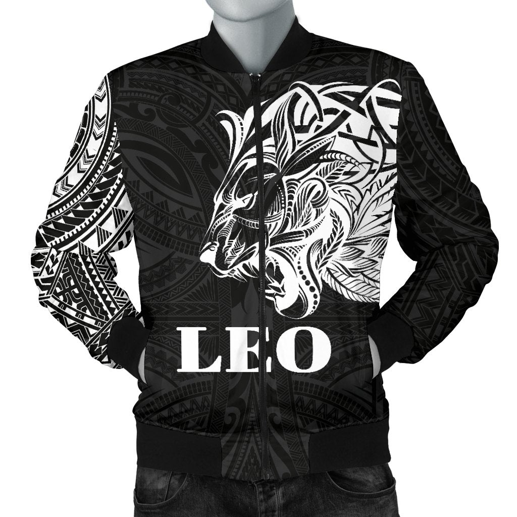 Sun In Leo Zodiac Men Bomber Jacket Polynesian Tattoo Simple - White Black - Polynesian Pride
