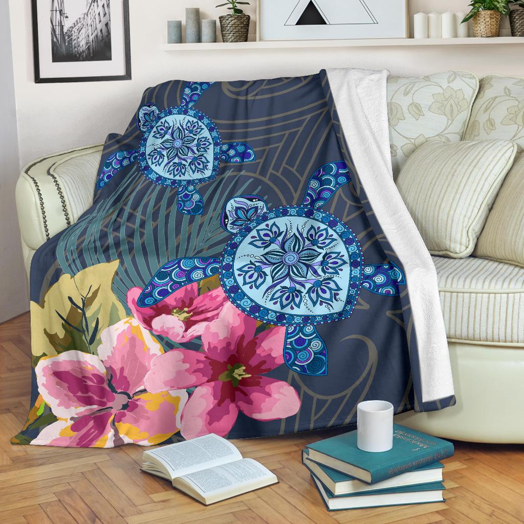 Hawaii Turtle Hibiscus Premium Blanket - LH Style White - Polynesian Pride