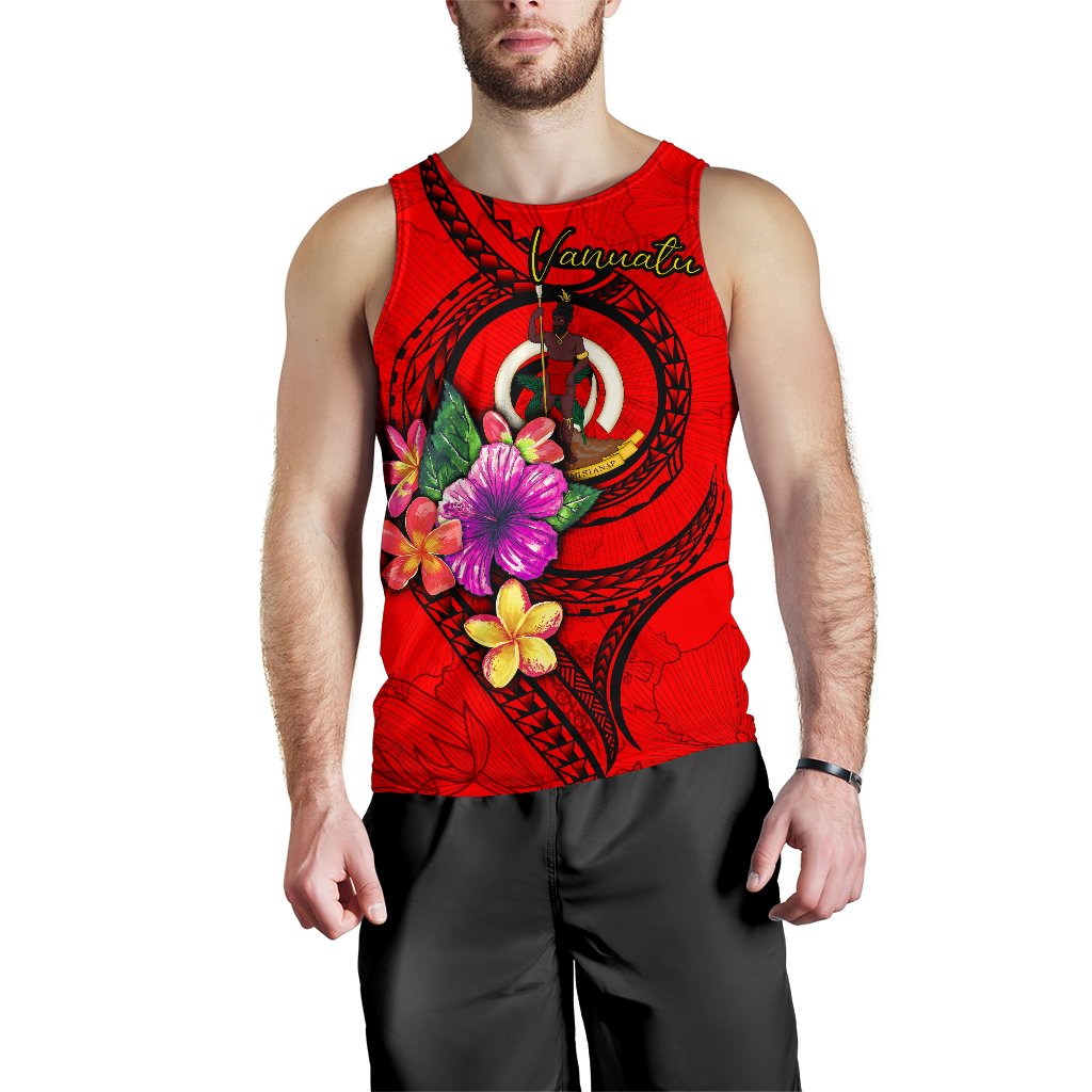 Vanuatu Polynesian Men's Tank Top - Floral With Seal Red - Polynesian Pride