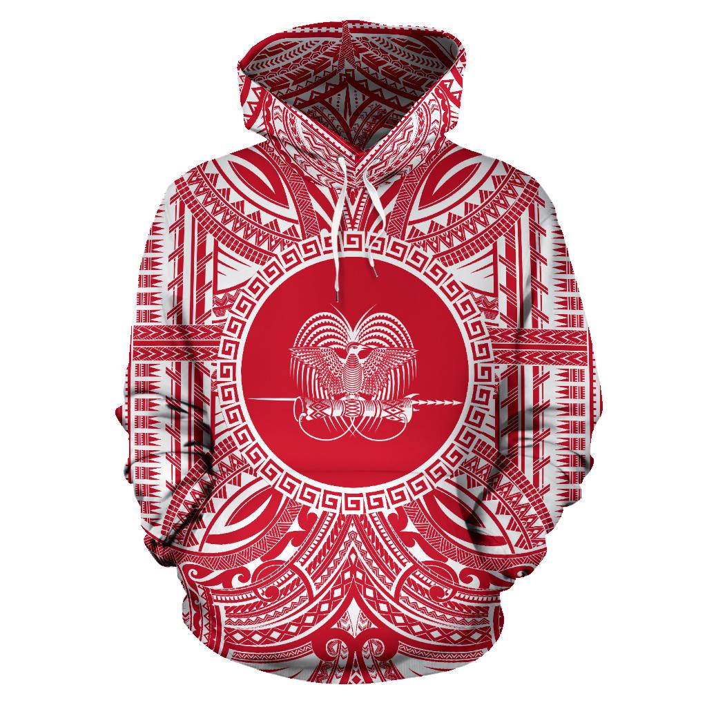 Papua New Guinea ll Over Hoodie Papua New Guinea Coat of rms Polynesian Flag Color Unisex Red - Polynesian Pride