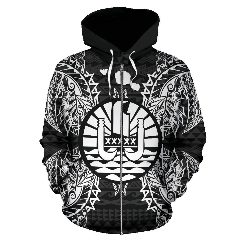 French Polynesia Polynesian All Over Zip up Hoodie Map Black - Polynesian Pride