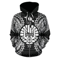 French Polynesia Polynesian All Over Zip up Hoodie Map Black - Polynesian Pride