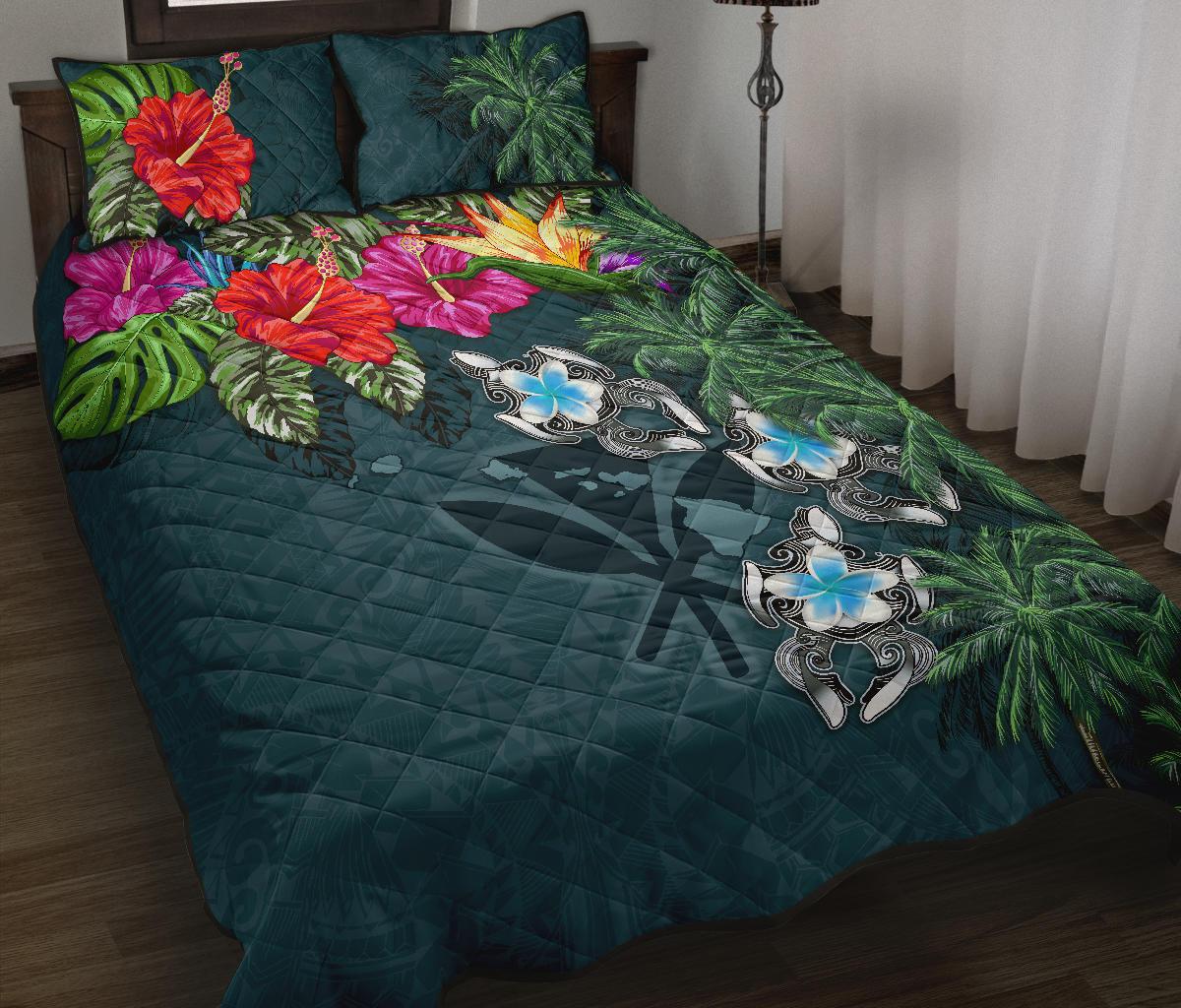 Kanaka Maoli (Hawaiian) Quilt Bed Set - Hibiscus Turtle Tattoo Blue - Polynesian Pride
