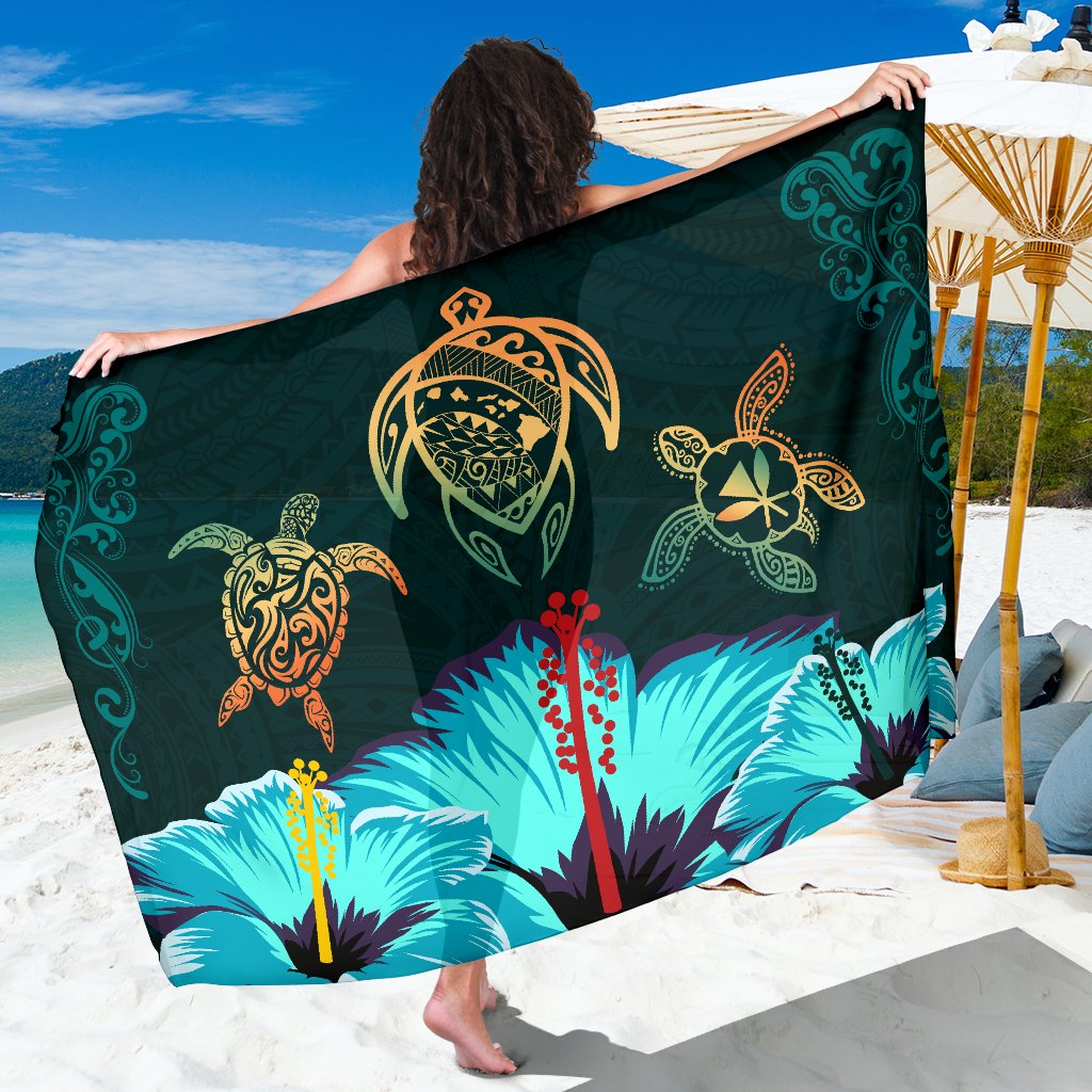 Hawaii Map Turtle Hibiscus Polynesian Luxury Sarong - Honu Ohana Sarong One Size Green - Polynesian Pride