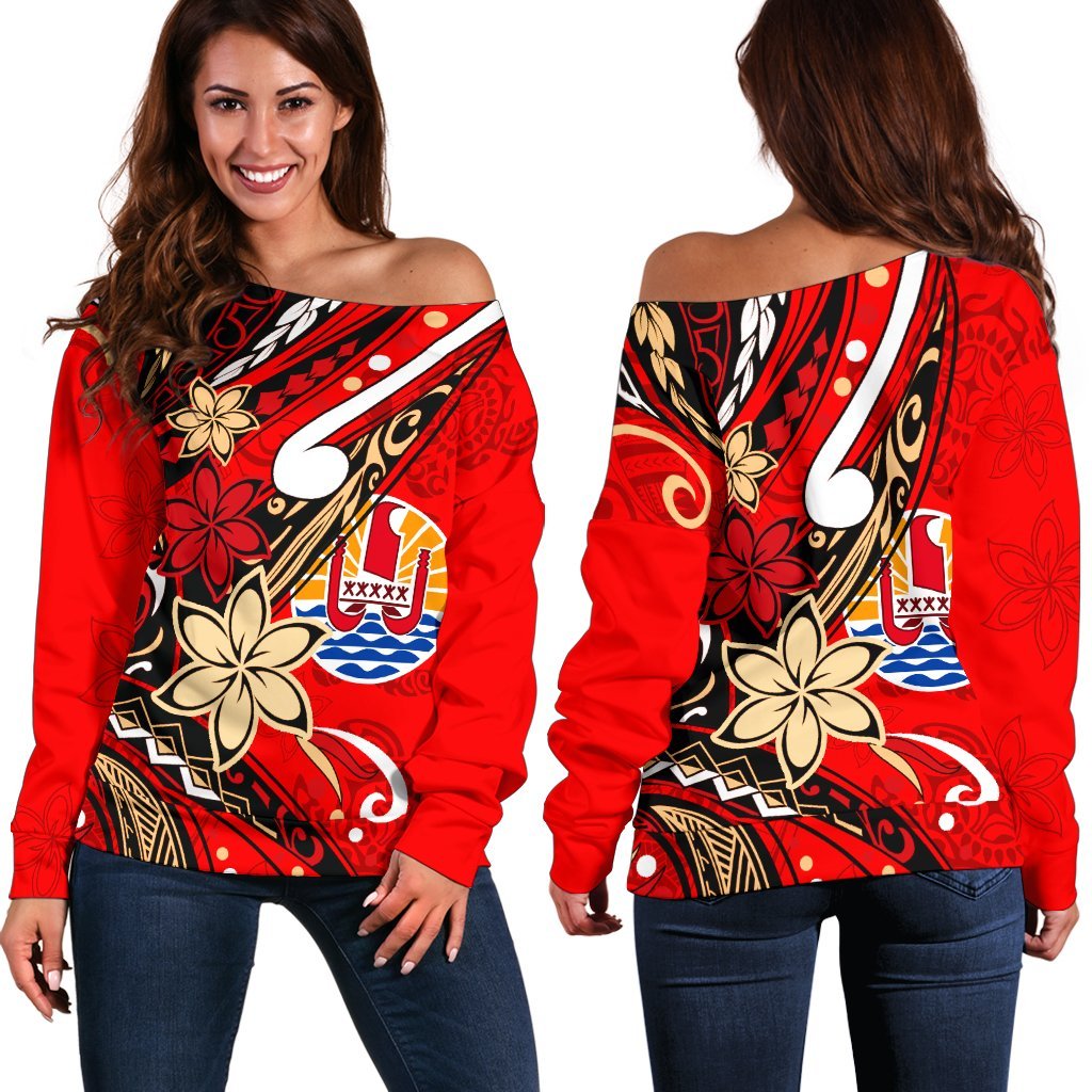 Tahiti Women's Off Shoulder Sweaters - Tribal Flower With Special Turtles Red Color Red - Polynesian Pride