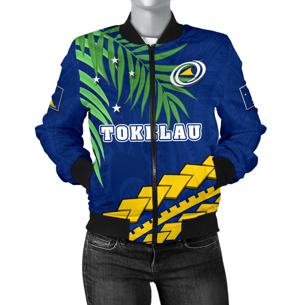Tokelau Rugby Women Bomber Jacket Coconut Leaves Blue - Polynesian Pride