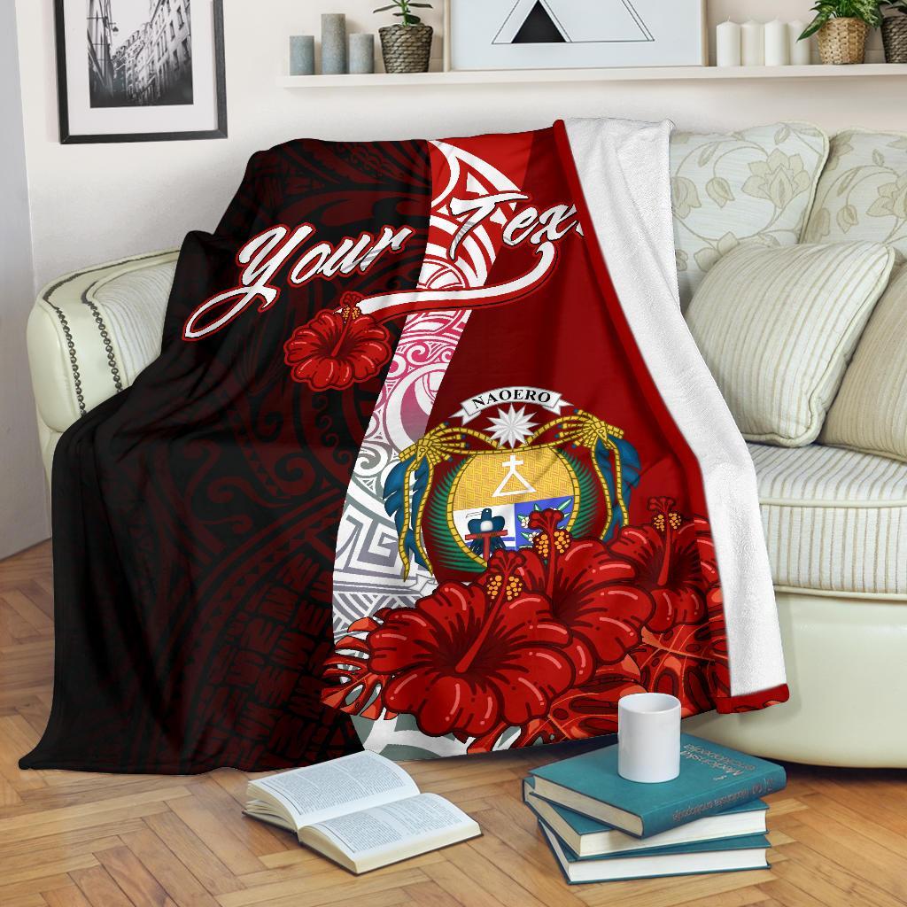 Nauru Polynesian Custom Personalised Premium Blanket - Coat Of Arm With Hibiscus White - Polynesian Pride