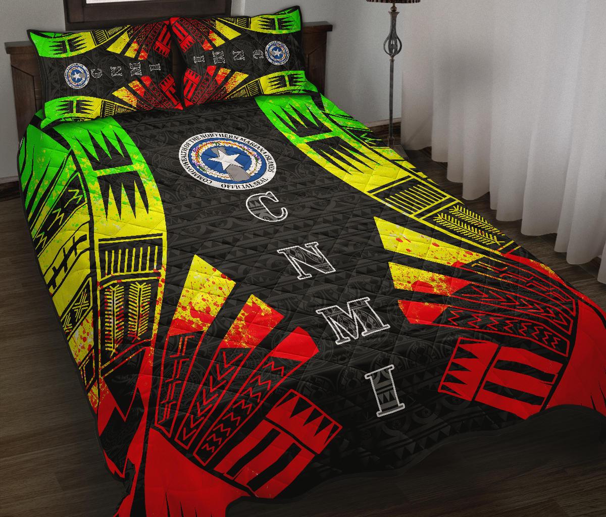 Northern Mariana Islands Quilt Bed Set - Northern Mariana Islands Seal & Polynesian Reggae Tattoo Style - Polynesian Pride