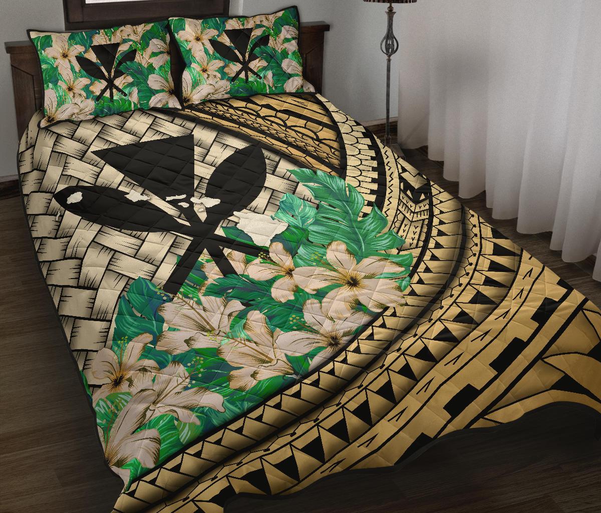 Kanaka Maoli (Hawaiian) - Quilt Bed Set Lauhala Polynesian Hibiscus Gold - Polynesian Pride