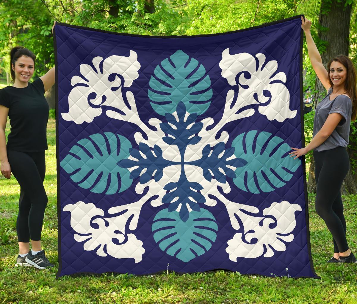Hawaiian Leaves Tropical Pattern Premium Quilt - Blue - Argu Style - AH Blue - Polynesian Pride