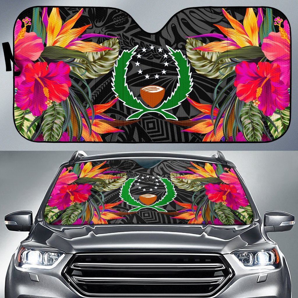 Pohnpei Auto Sun Shades - Hibiscus Pattern Auto Sun Shade Universal Fit Black - Polynesian Pride
