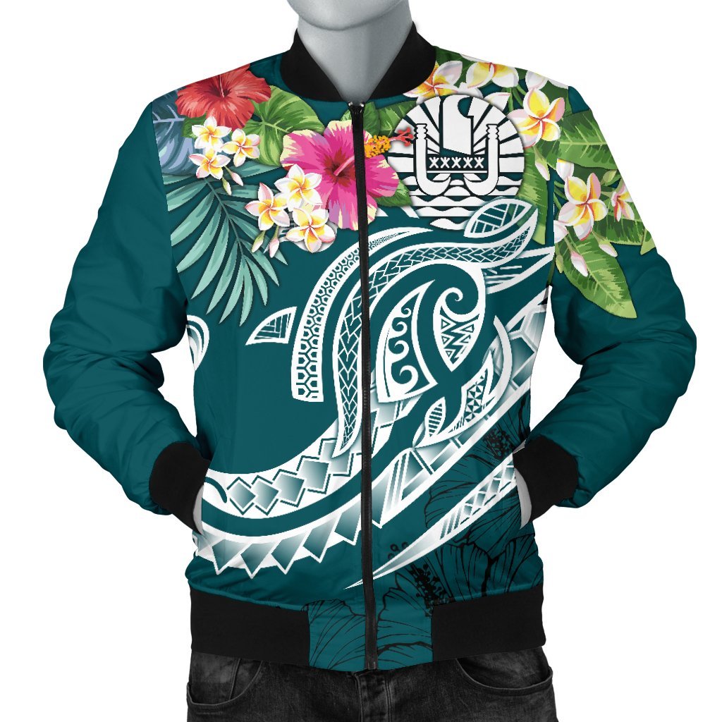 Nauru Polynesian Men's Bomber Jacket - Summer Plumeria (Turquoise) Turquoise - Polynesian Pride