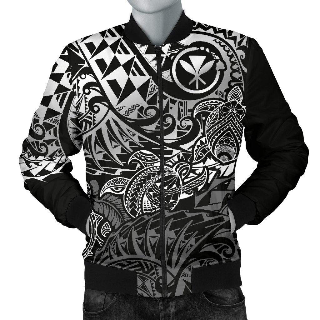 Polynesian Hawaii (Kanaka Maoli) Men Bomber Jacket - White Hibiscus Turtle Flowing - Polynesian Pride