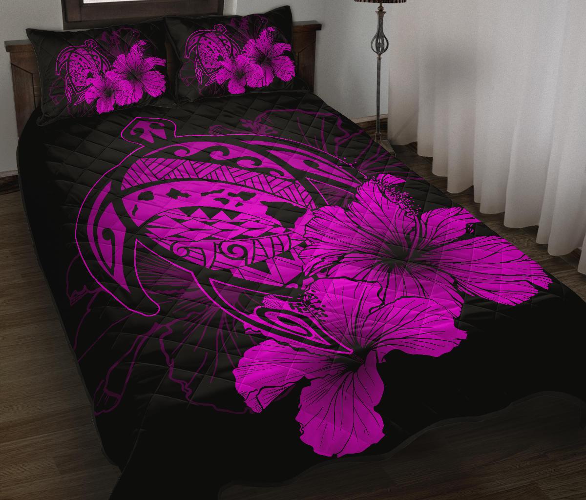 Hawaiian Map Turtle Hibiscus Polynesian Quilt Bedding Set - Violet - Polynesian Pride