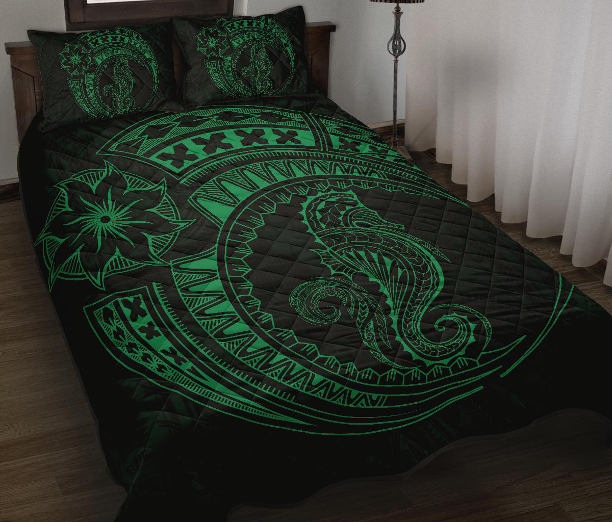 Polynesian Quilt Bed Set - Polynesian Green Seahorse Tattoo - Polynesian Pride