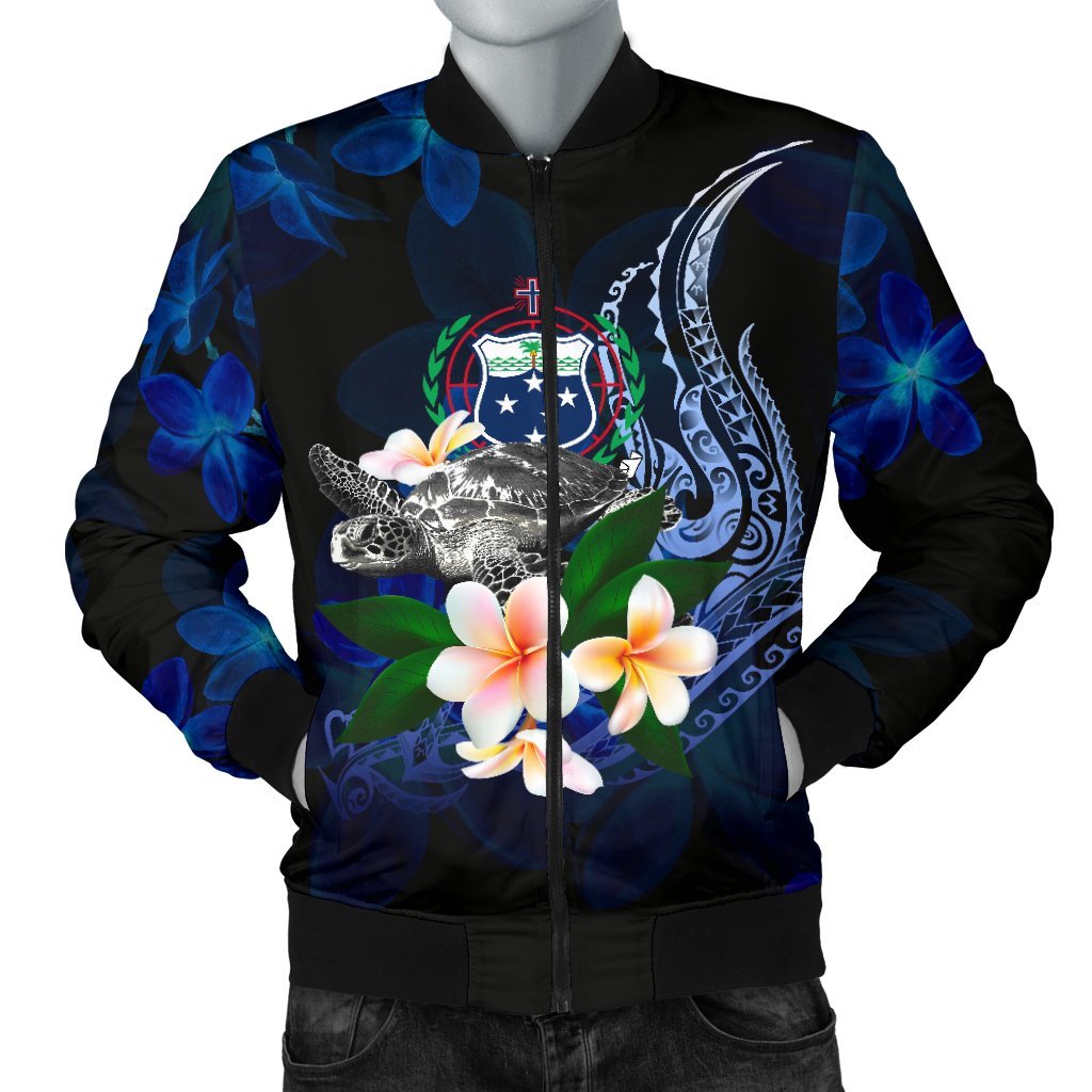 Samoa Polynesian Men's Bomber Jacket - Turtle With Plumeria Flowers Blue - Polynesian Pride