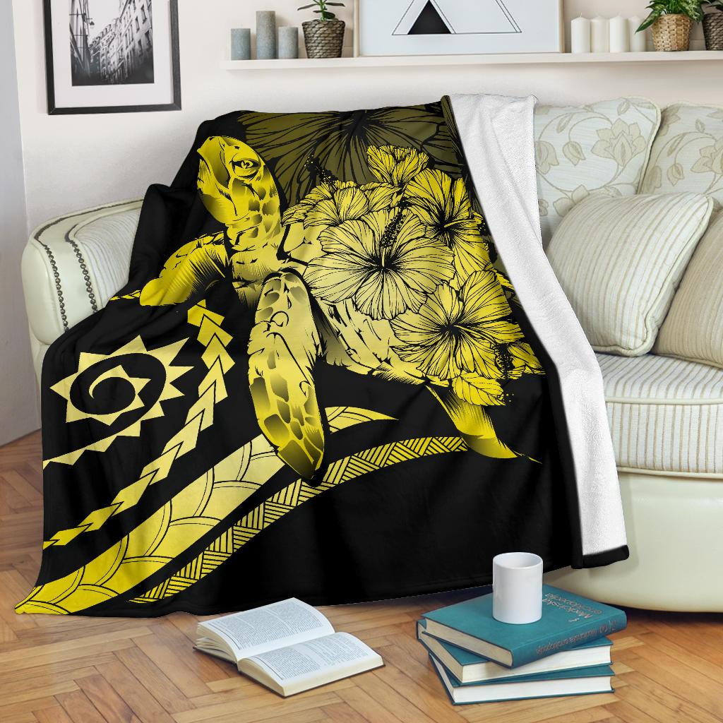 Hawaii Turtle Hibiscus Polynesian Vintage Premium Blanket - Yellow White - Polynesian Pride