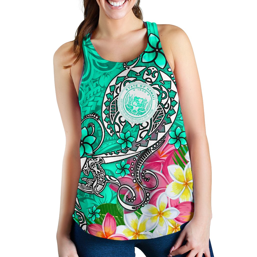Hawaii Polynesian Women's Racerback Tank - Hawaii Seal With Turtle Plumeria (Turquoise) - Polynesian Pride