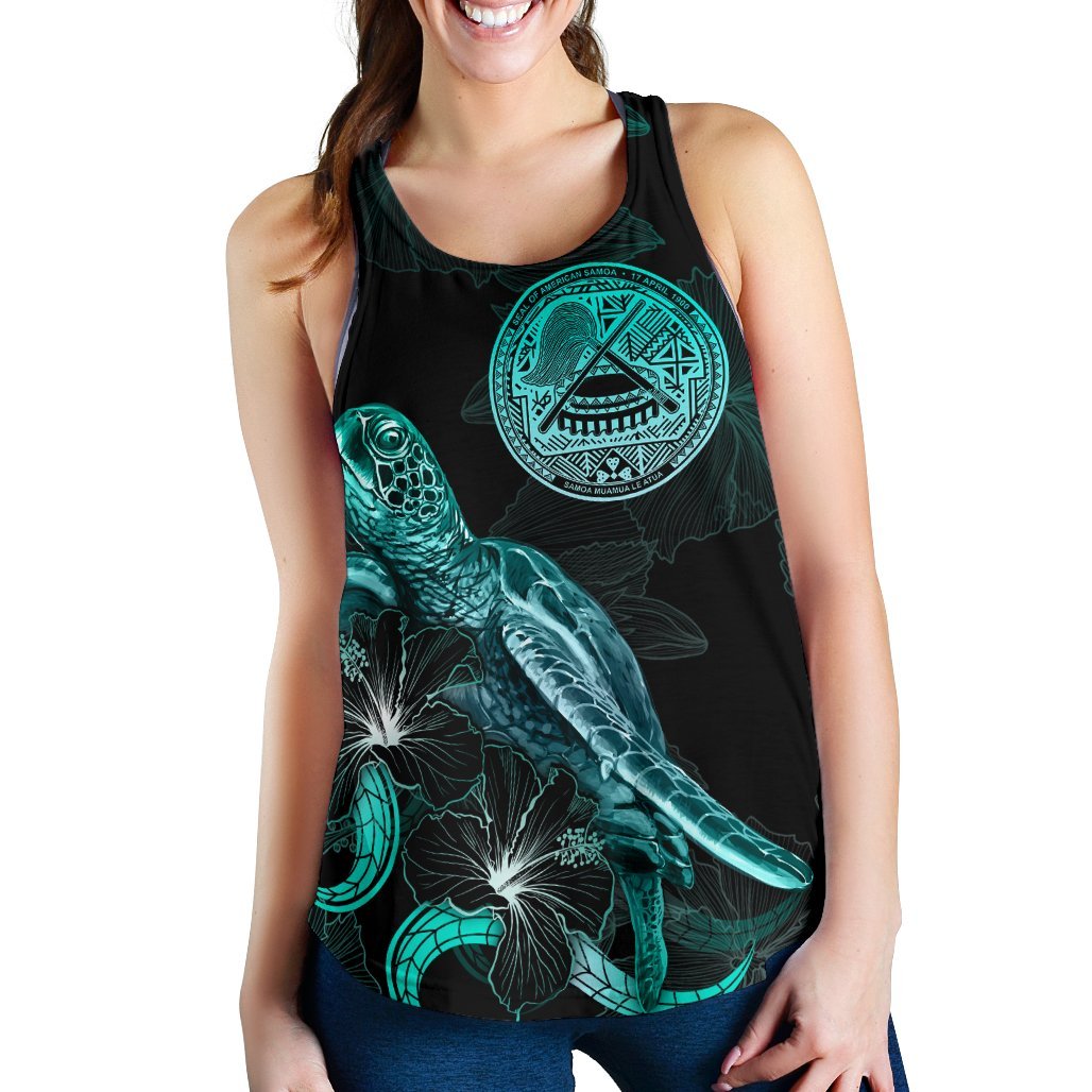 American Samoa Polynesian Women Tank Top - Turtle With Blooming Hibiscus Turquoise - Polynesian Pride