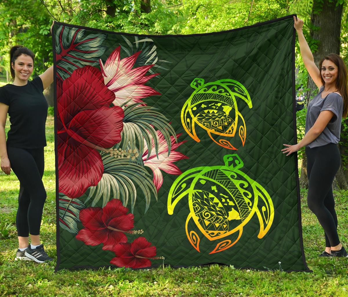 Hawaii Premium Quilt - Turtle Hibiscus Pattern Hawaiian Premium Quilt - Green Green - Polynesian Pride