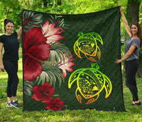Hawaii Premium Quilt - Turtle Hibiscus Pattern Hawaiian Premium Quilt - Green Green - Polynesian Pride