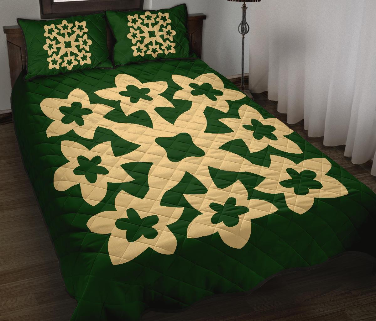 Hawaiian Quilt Bed Set Royal Pattern - Green - A1 Style - Polynesian Pride