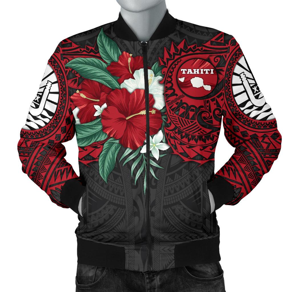 Tahiti Polynesian Men's Bomber Jacket - Hibiscus and Sea Turtle (Red) Red - Polynesian Pride