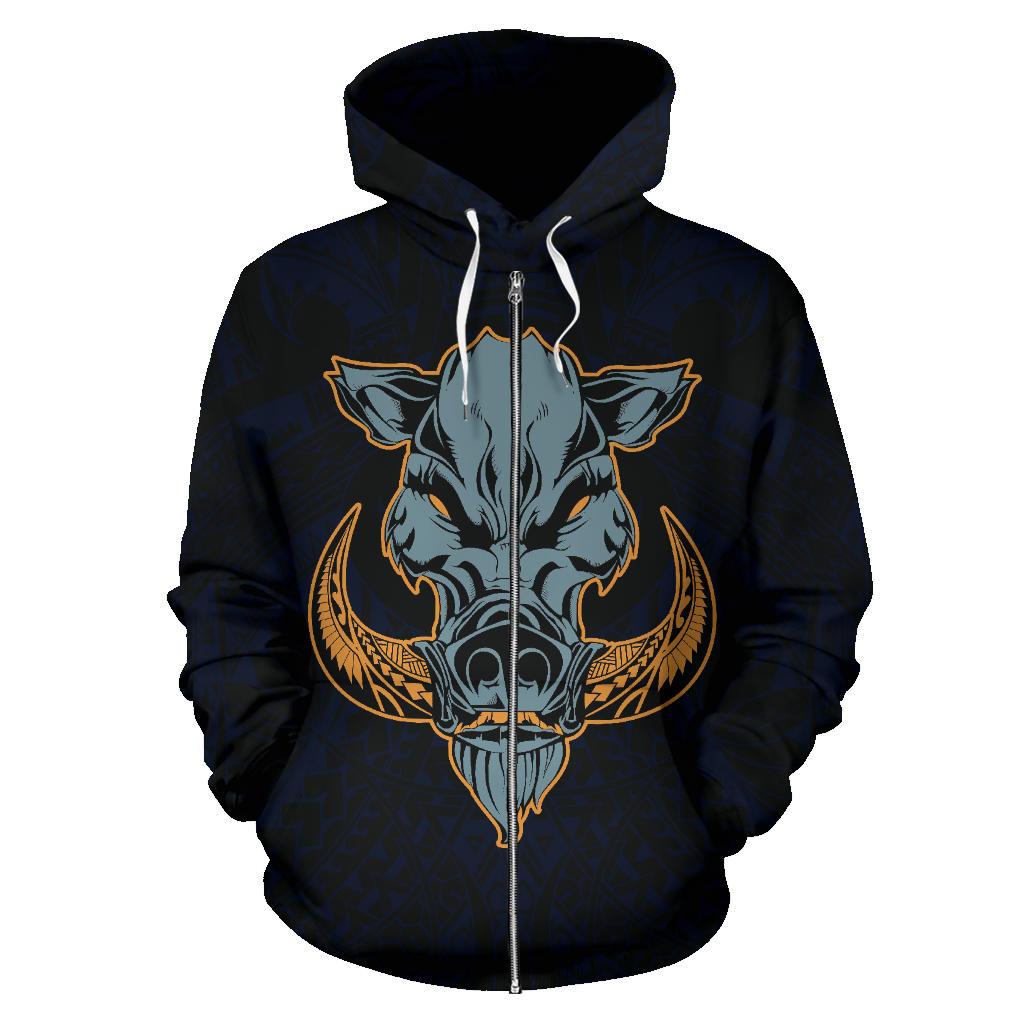 Polynesian Kamapuaa Flag of Hawaii Zip Hoodie Blue Hawaiian Mythology Style - Polynesian Pride