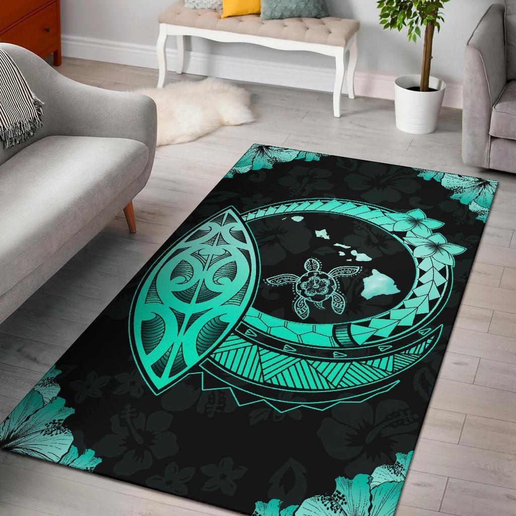Hawaii Turtle Hibiscus Corner Map Polynesian Area Rug AH Rug Turquoise - Polynesian Pride